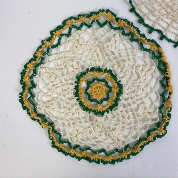 Vintage Lace Crochet Doily Cream Tan Bundle of Two Yellow Green Pink Floral - Picture 10 of 11
